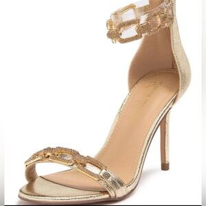 LAUREN LORRAINE GOLD SANDALS RHINESTONES OPEN CHAIN ANKLE STRAP WOMEN SIZE 5.5 M